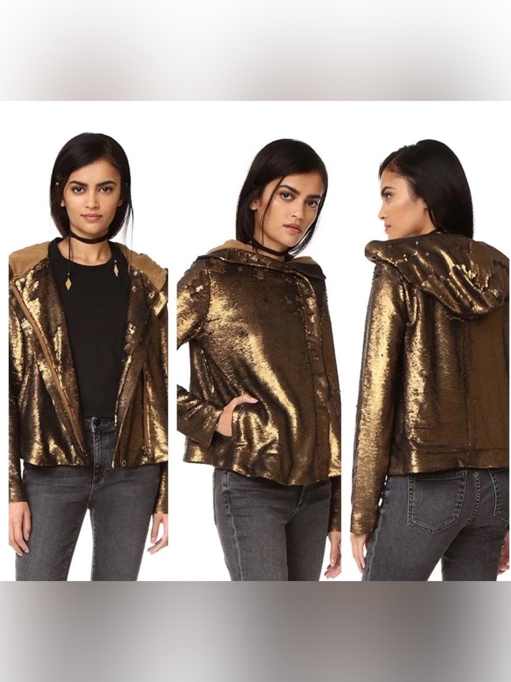 Free People Metallic gold Sequin Hooded Jacket
